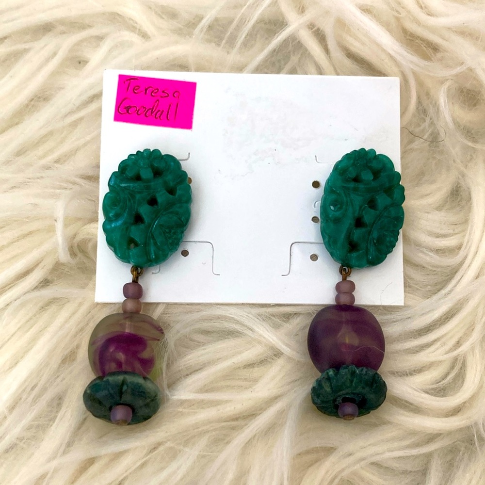 Teresa Goodall Carved Green and Purple Earrings 2” Dangle